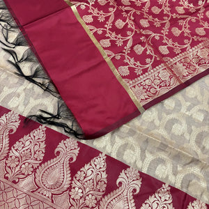 Beige and Maroon Kalgha Jaal Banarasi Silk Suit