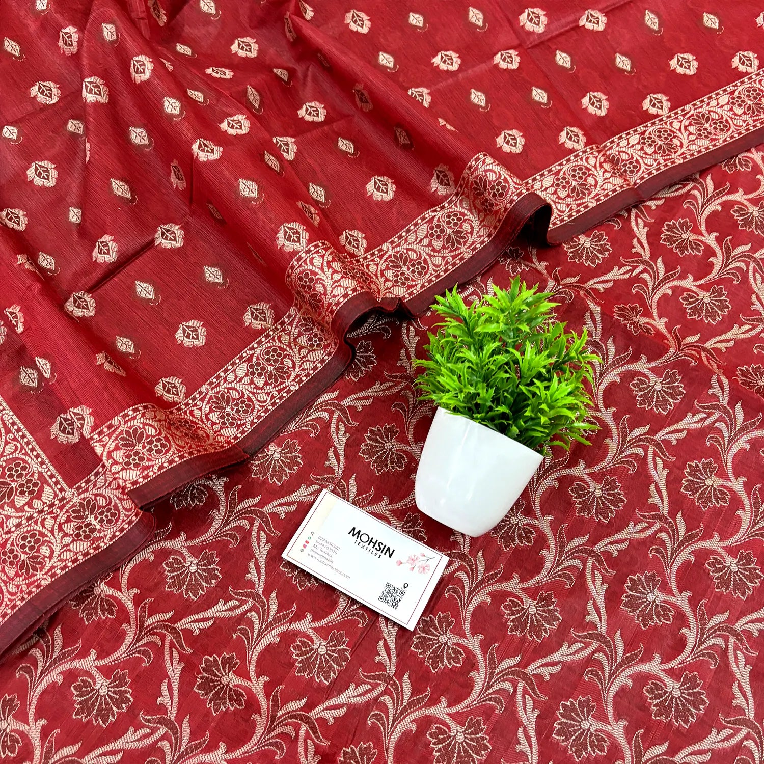 Dark Maroon Surahi Jaal Cotton Silk Banarasi Suit
