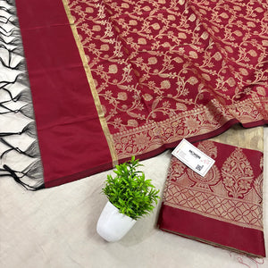 Beige and Maroon Kalgha Jaal Banarasi Silk Suit