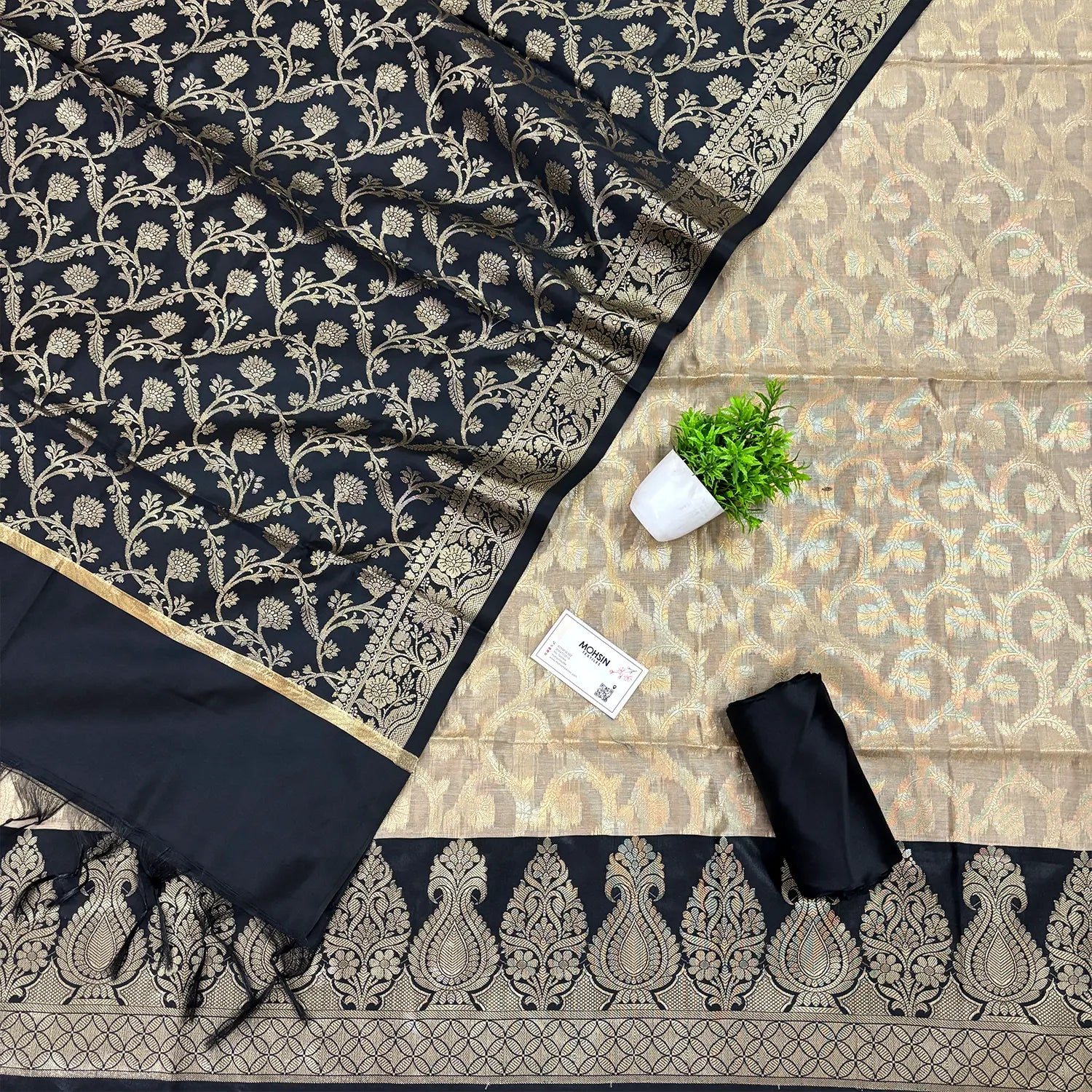 Beige and Black Kalgha Jaal Banarasi Silk Suit