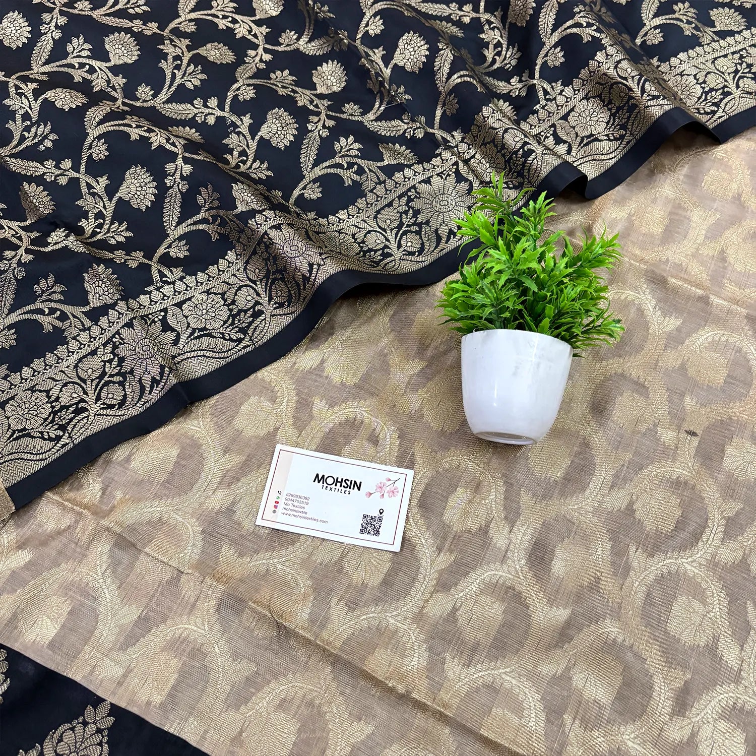 Beige and Black Kalgha Jaal Banarasi Silk Suit