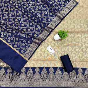 Beige and Navy Blue Kalgha Jaal Banarasi Silk Suit