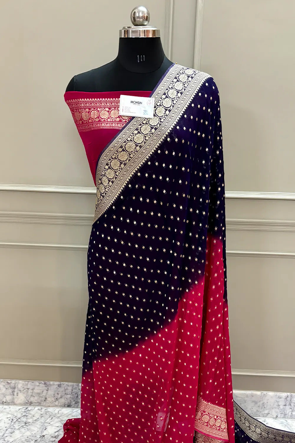 Auda and Pink Matar Dana Georgette Silk Banarasi Saree