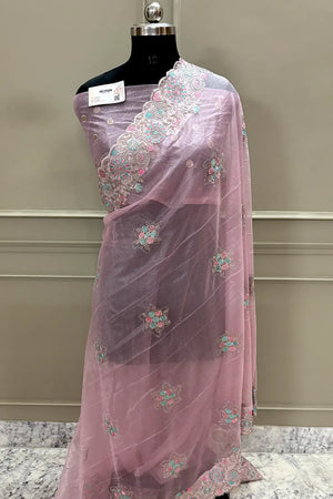 Baby Pink Embroidery Siroski Brasso Net Saree