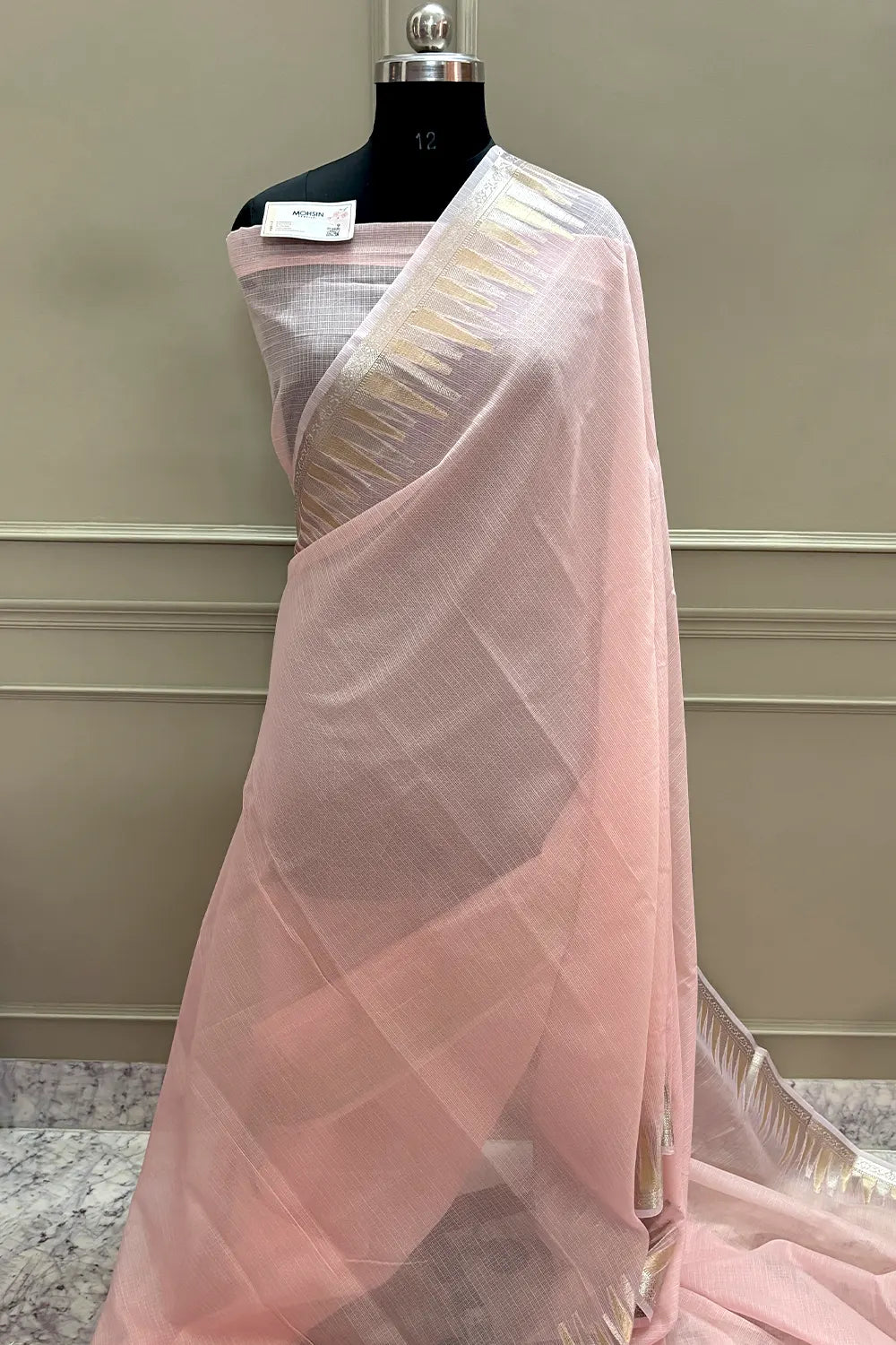 Baby Pink Plain Moonga Check Silk Saree
