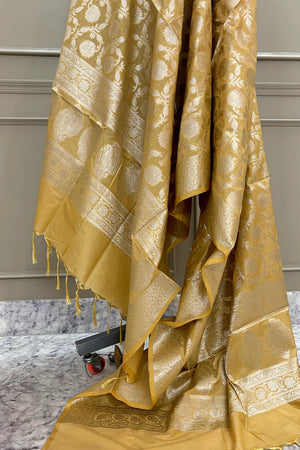 Beige Golden Zari Katan Silk Banarasi Dupatta