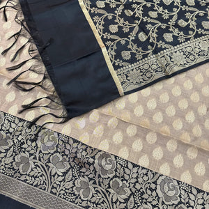 Beige and Black Gulkan Buti Satin Silk Banarasi Suit