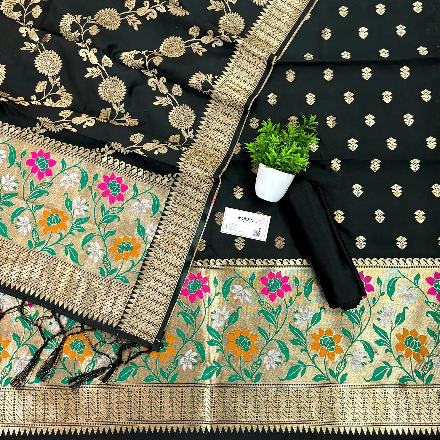 Black Gulbagh Satin Silk Banarasi Suit