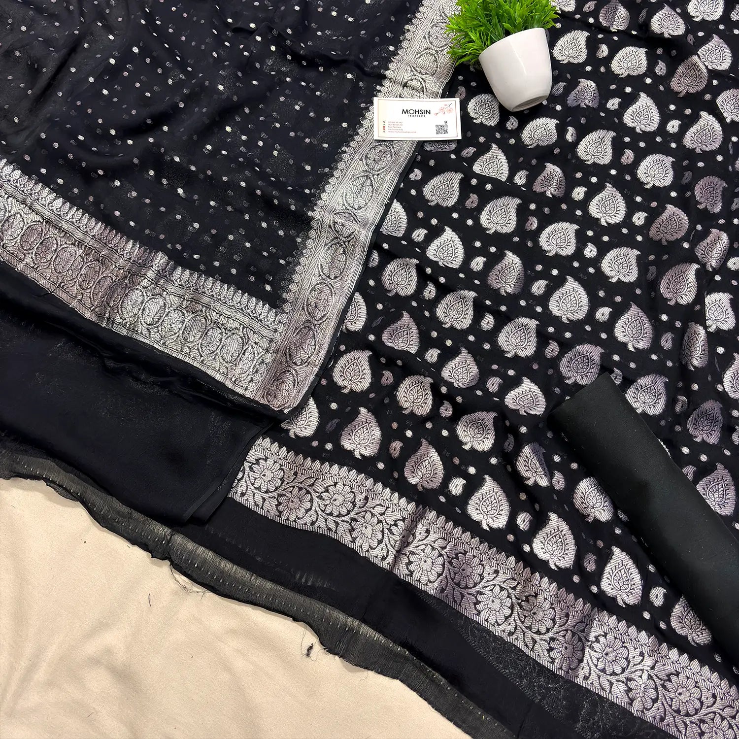 Black Patta Handloom Georgette Silk Banarasi Suit