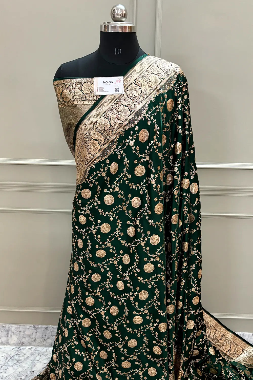 Bottle Green Churmuri Jaal Katan Silk Banarasi Saree