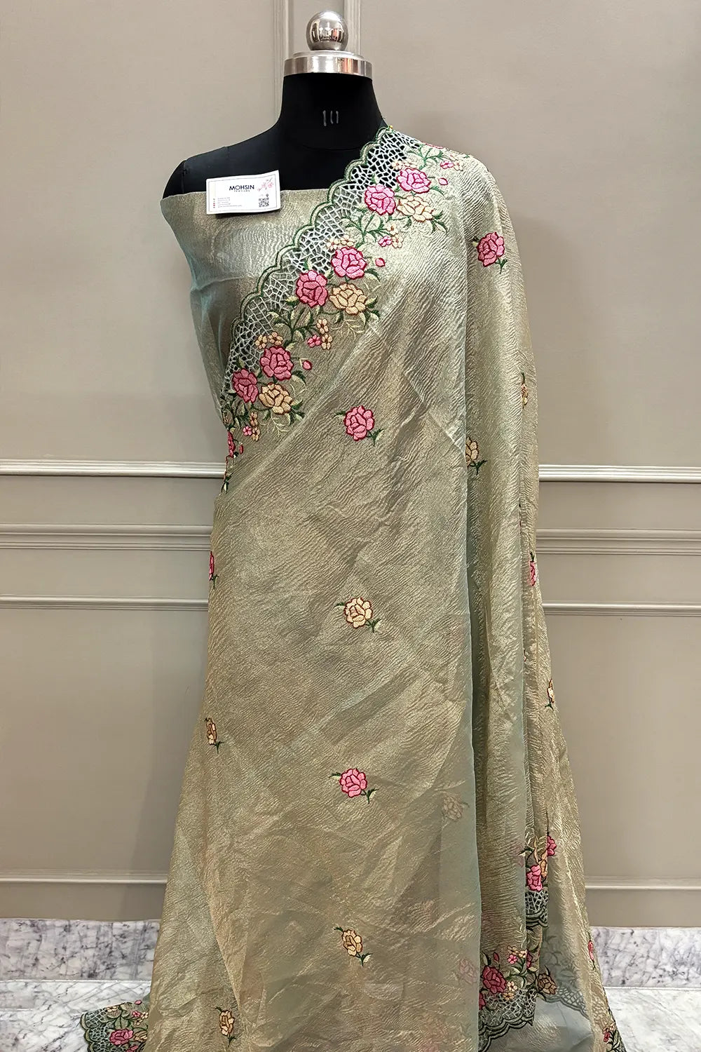 Bottle Green Crush Embroidery Tissue Silk Banarasi Saree