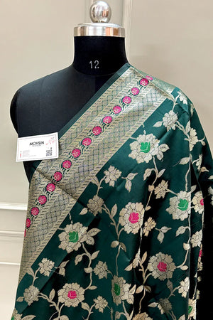 Bottle Green Meenakari Satin Silk Banarasi Dupatta