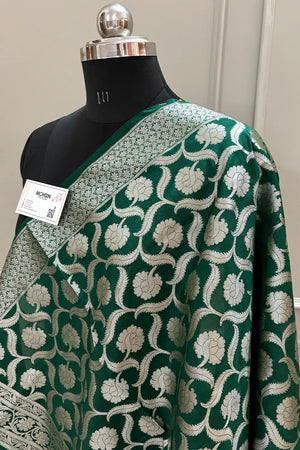 Bottle Green Patti Jaal Katan Silk Banarasi Dupatta