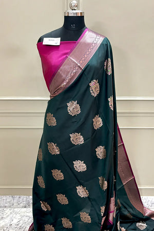 Bottle Green and Pink Golden Zari Banarasi Silk Saree
