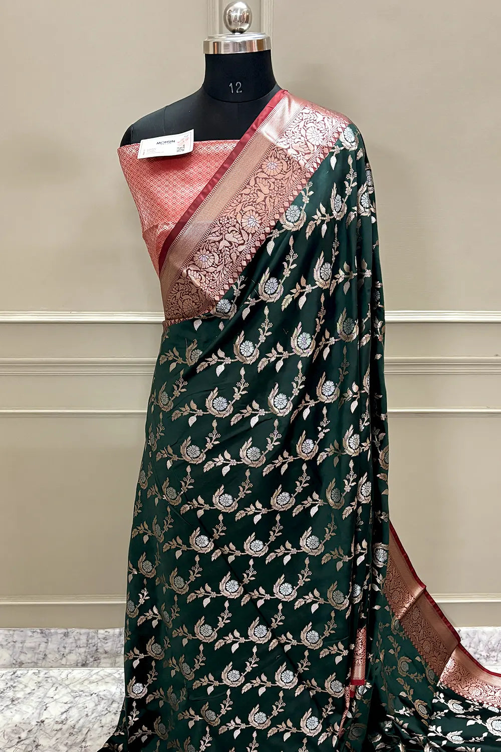 Bottle Green and Red Golden Zari Banarasi Silk Saree