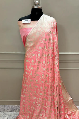 Dark Peach Surajmukhi Jaal Katan Silk Banarasi Saree