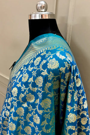 Firozi Golden Zari Katan Silk Banarasi Dupatta