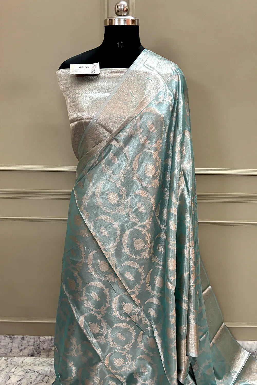 Firozi Golden Zari Tissue Silk Banarasi Saree