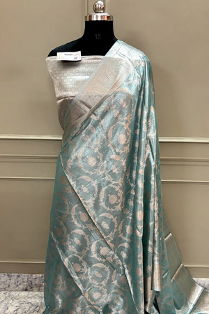 Firozi Golden Zari Tissue Silk Banarasi Saree