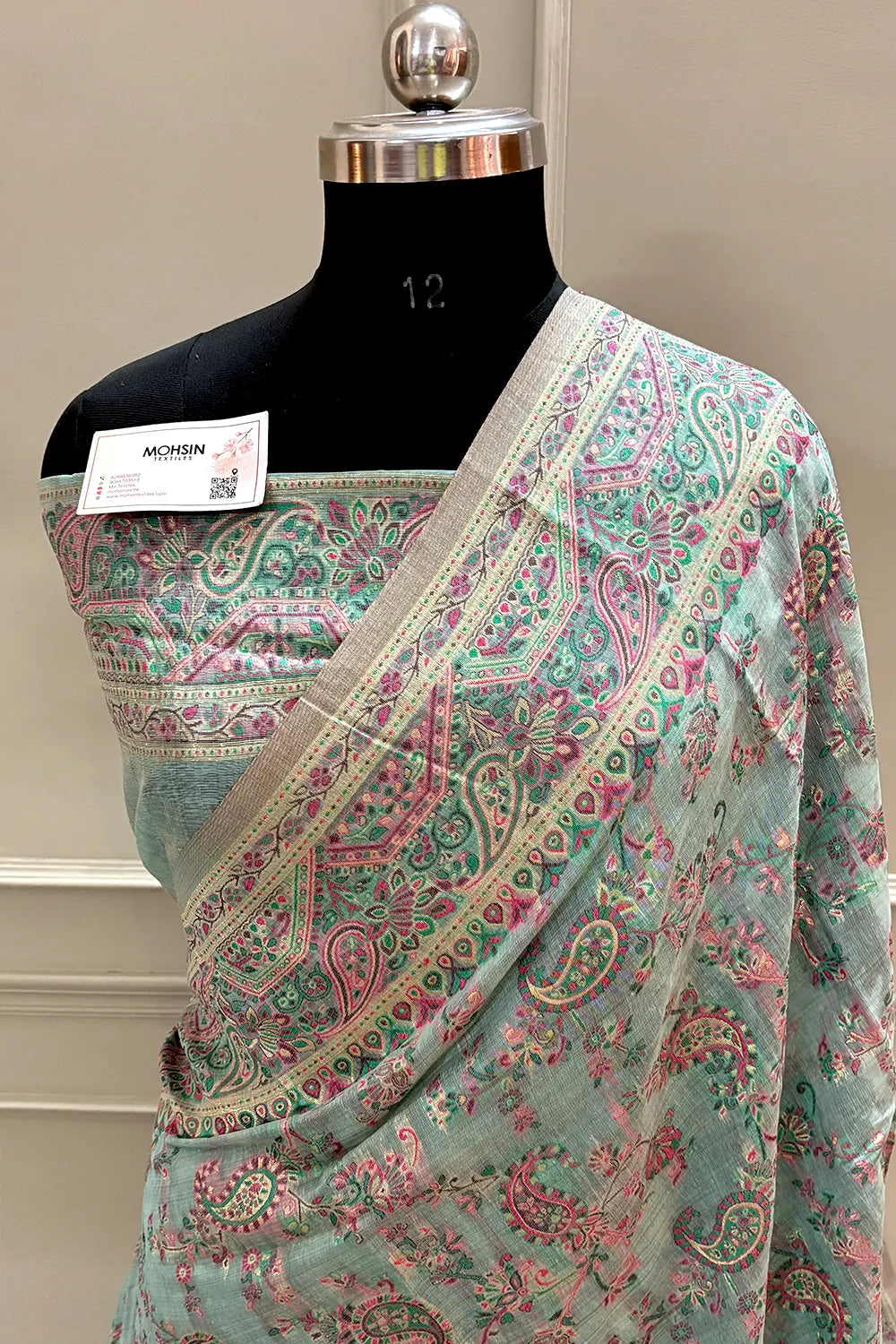 Firozi Printed Linen Silk Banarasi Saree