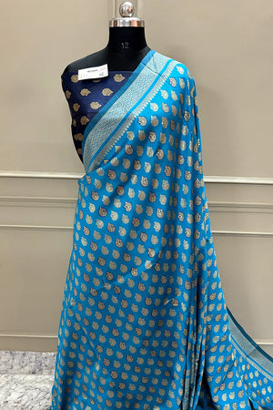Firozi and Navy Blue Resham Zari Silky Banarasi Saree