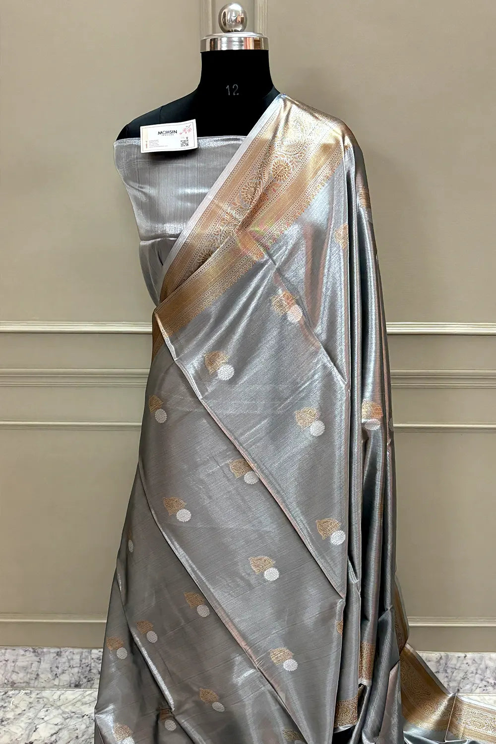 Grey Golden Zari Tissue Silk Banarasi Saree