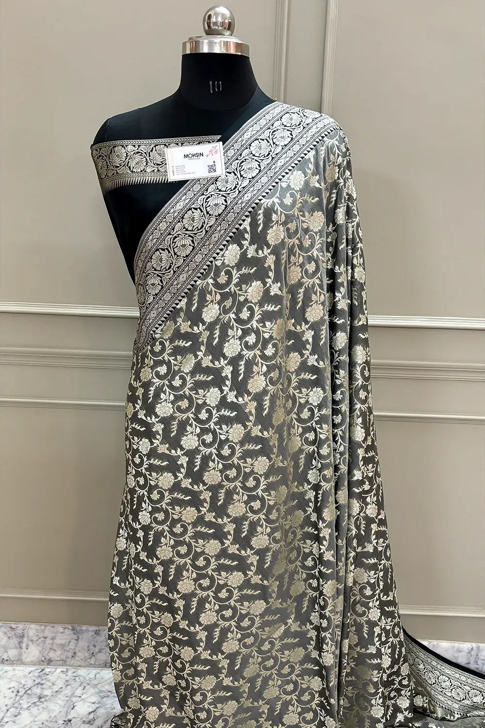 Grey and Black Gulabi Jaal Katan Silk Banarasi Saree