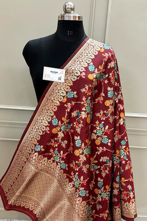 Maroon Golden Zari Katan Silk Banarasi Dupatta