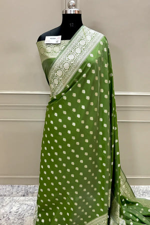 Mehendi Golden Zari Crepe Silk Banarasi Saree