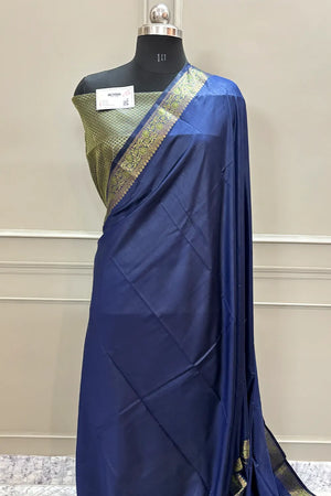 Navy Blue Plain Golden Zari Silky Banarasi Saree