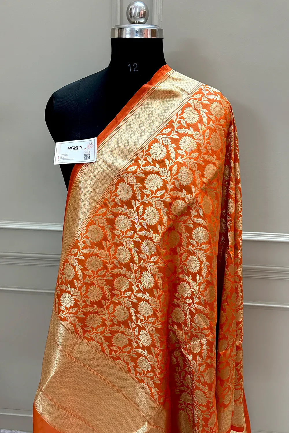 Orange Golden Zari Katan Silk Banarasi Dupatta