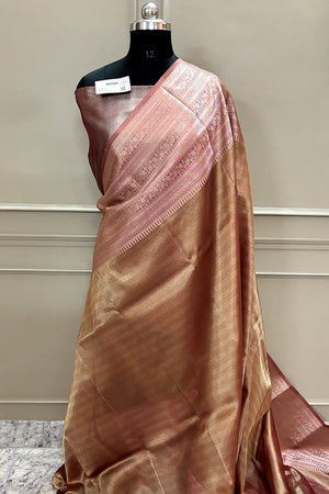 Peach Golden Zari Tissue Silk Banarasi Saree