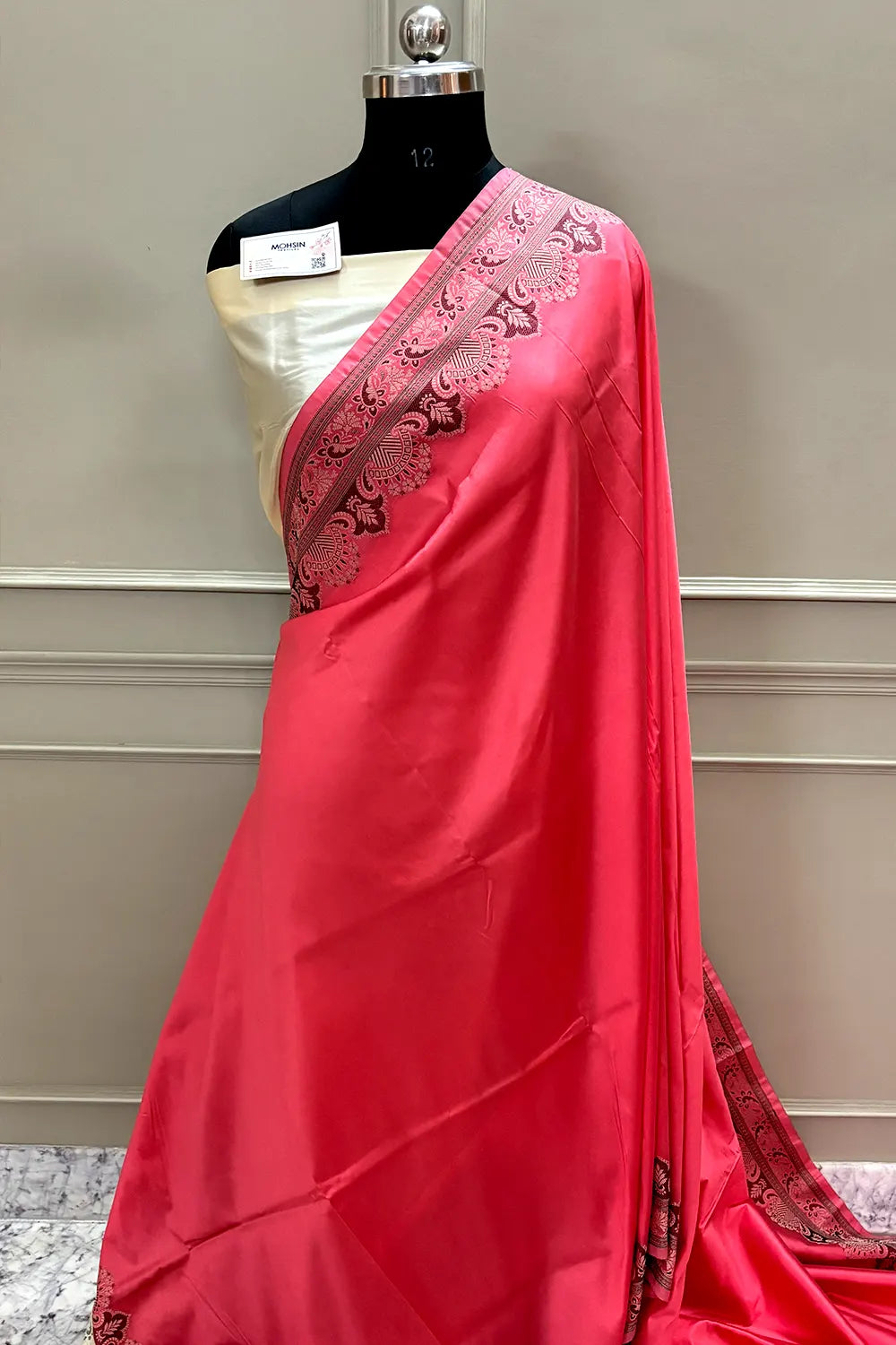 Peach and Beige Plain Resham Silk Banarasi Saree