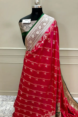 Pink and Bottle Green Golden Zari Katan Silk Banarasi Saree