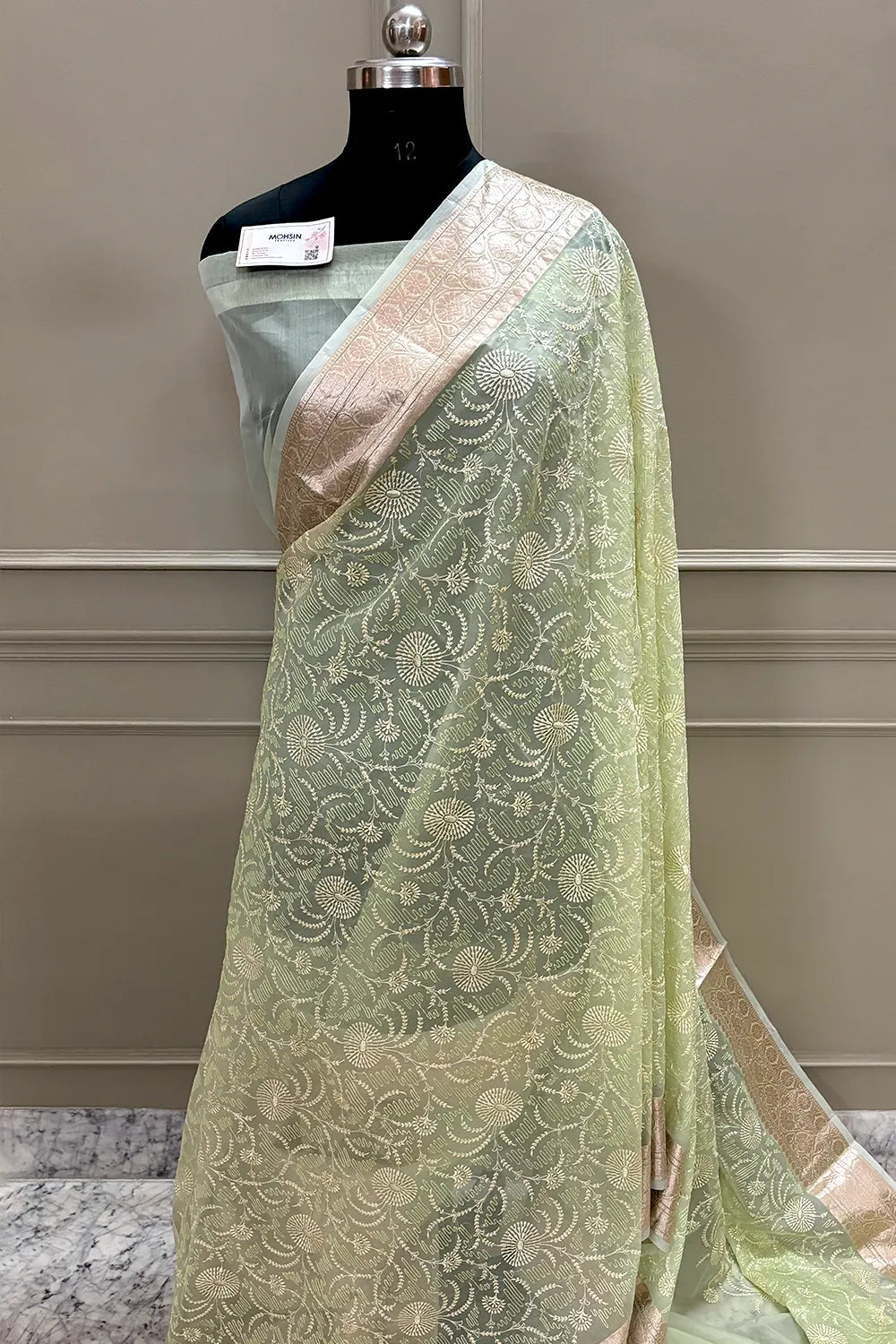 Pista Embroidery Organza Silk Banarasi Saree
