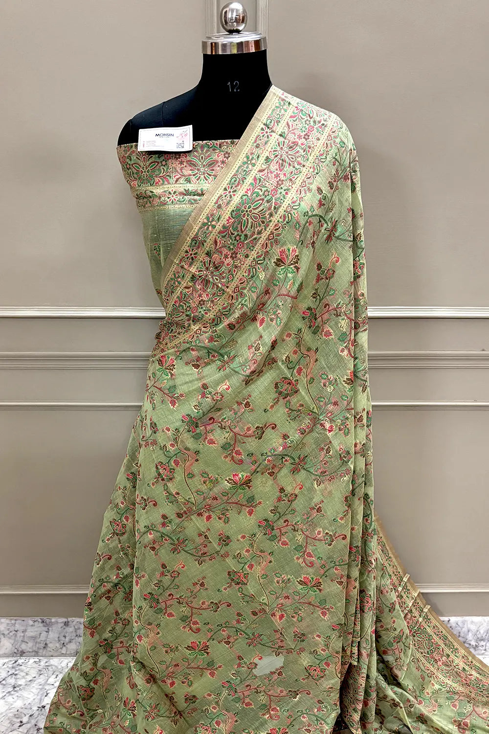 Pista Printed Linen Silk Banarasi Saree