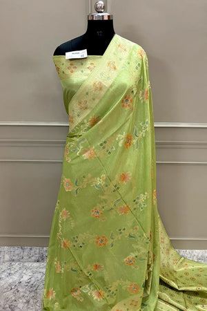 Pista Shakahari Jaal Georgette Silk Banarasi Saree