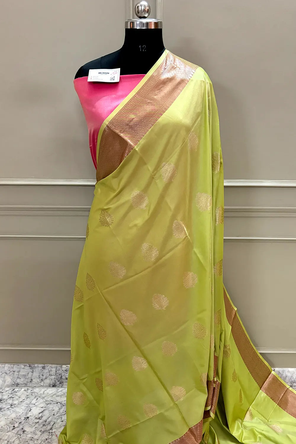 Pista and Pink Golden Zari Banarasi Silk Saree