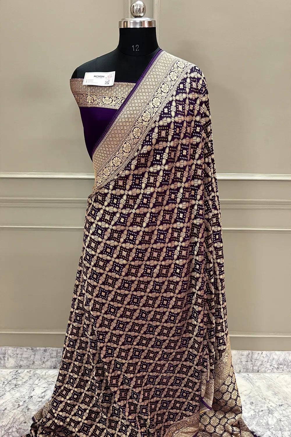 Purple Bandhej Georgette Silk Banarasi Saree