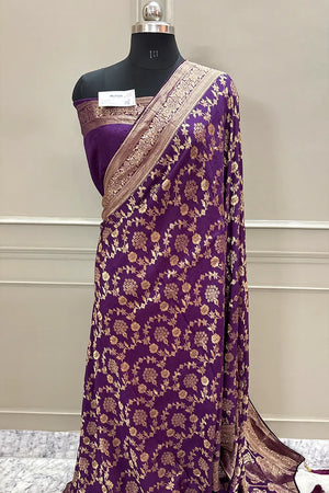 Purple Golden Zari Georgette Silk Banarasi Saree