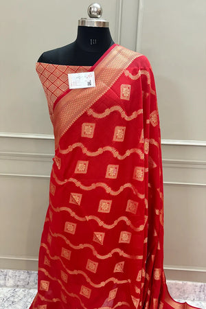 Red Behti Ganga Chanderi Silk Banarasi Saree