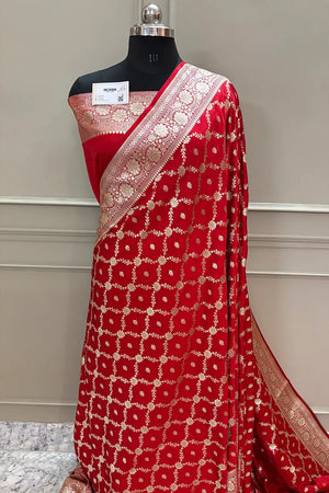 Red Qaidi Buti Katan Silk Banarasi Saree
