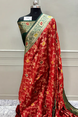 Red and Bottle Green Golden Zari Silky Banarasi Saree