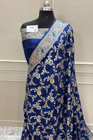 Royal Blue Resham Zari Silky Banarasi Saree