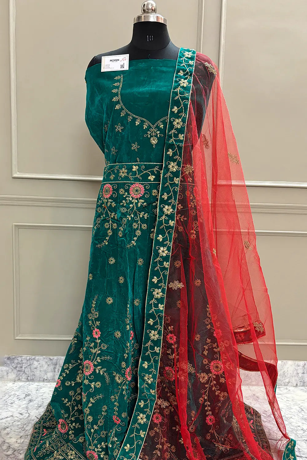 Sea Green and Red Zariwork Semi Stitched Velvet Lahenga