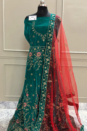 Sea Green and Red Zariwork Semi Stitched Velvet Lahenga