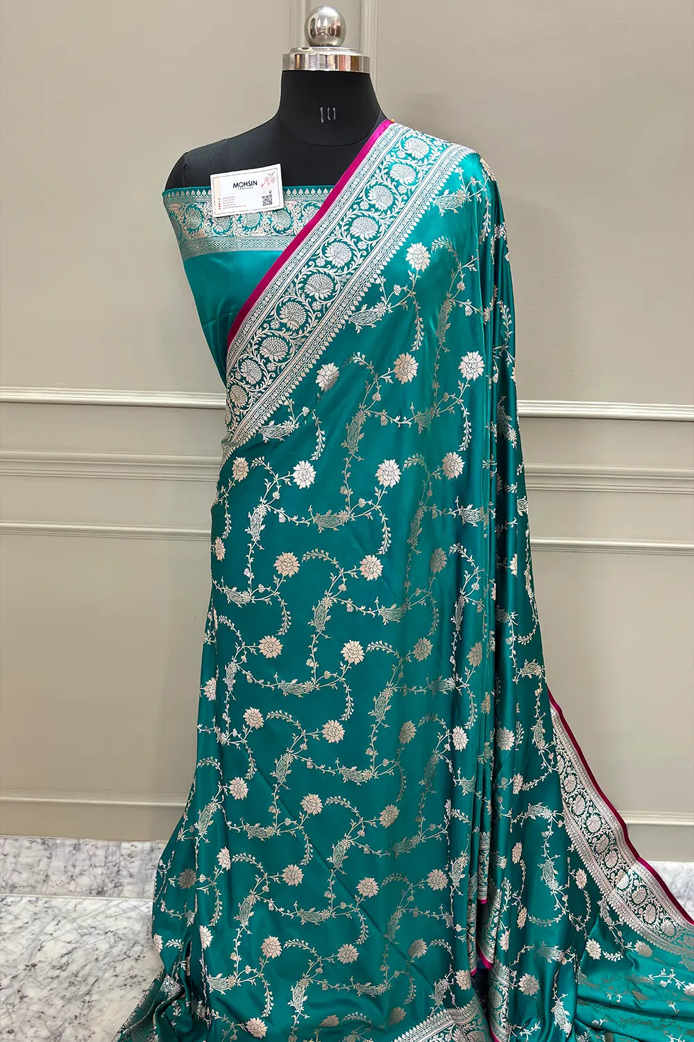 Teal Makra Jaal Katan Silk Banarasi Saree