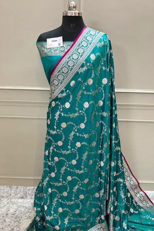 Teal Makra Jaal Katan Silk Banarasi Saree