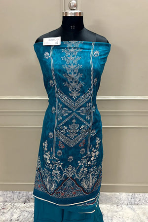 Teal Printed Cotton Silk Banarasi Suit