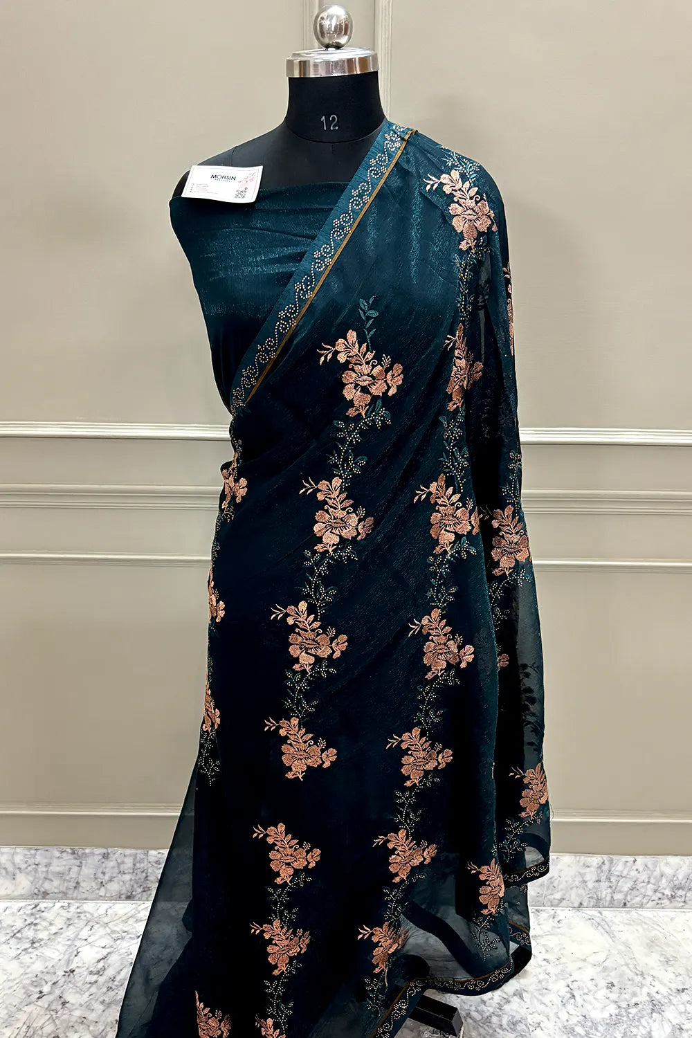 Teal Embordiery Siroski Work Georgette Silk Saree